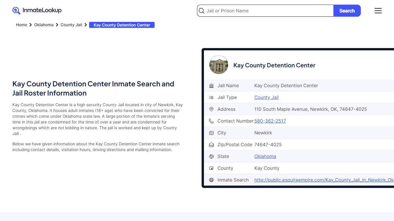 Kay County Detention Center (OK) Inmate Search and Jail Roster Information